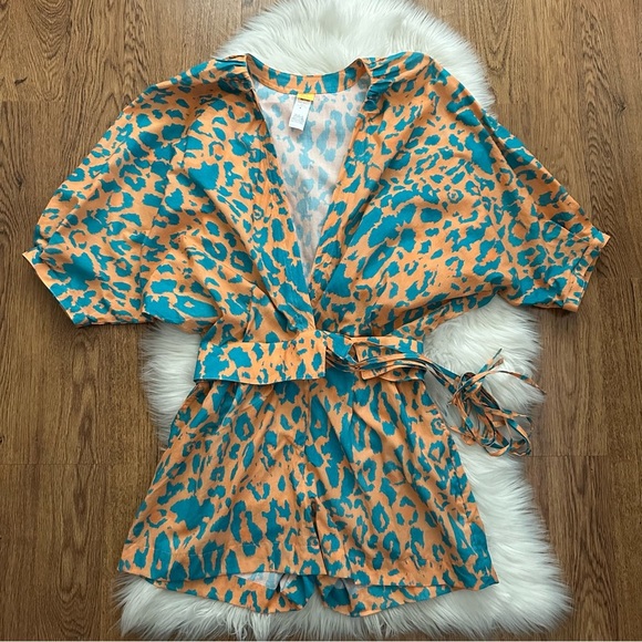 Agua Bendita orange green elastic waist v neck unlined Romper Size Medium - Picture 3 of 8